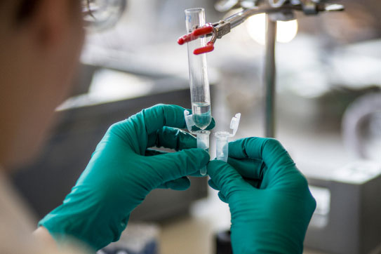 Wissenschaftler, der mit grünen handschuhen in einem labor arbeitet